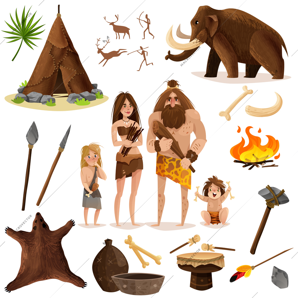 Cavemen decorative icons set with hut weapon for hunting mammoth bonfire cartoon signs isolated vector illustration