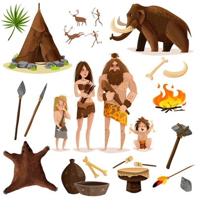 Cavemen decorative icons set with hut weapon for hunting mammoth bonfire cartoon signs isolated vector illustration