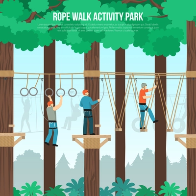 Rope walking outdoor adventure park activities with tightrope and zip line component flat poster vector illustration