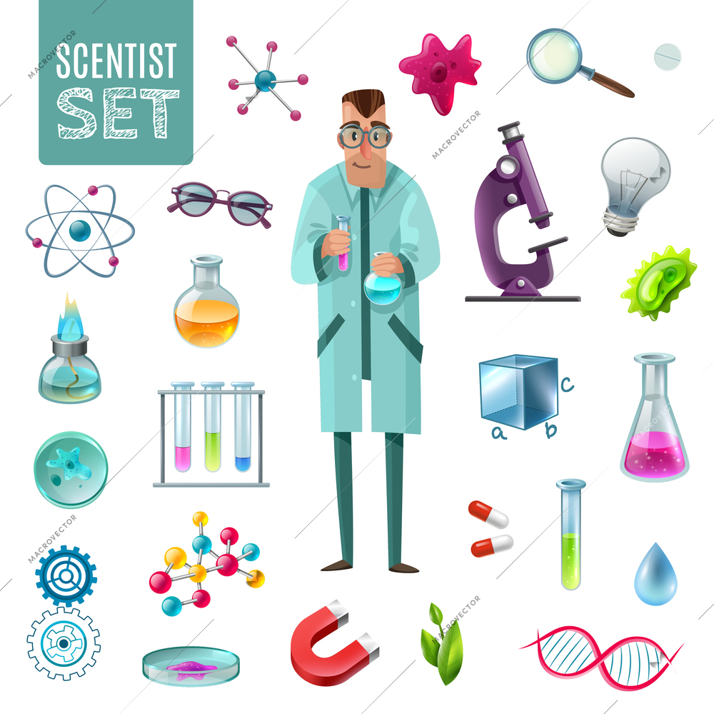 Science icons cartoon set with scientist character and tools for laboratory experiment and theoretical research vector illustration