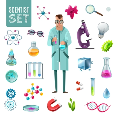 Science icons cartoon set with scientist character and tools for laboratory experiment and theoretical research vector illustration