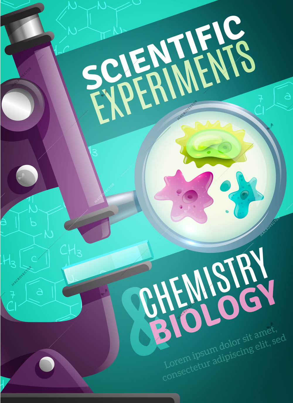 Scientific chemistry and biology experiments poster with unicellular organisms under magnifying glass of microscope images vector illustration