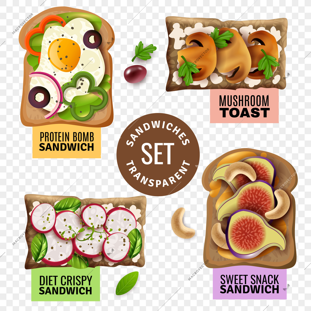 Fast food transparent set with diet crispy and protein bomb sandwiches mushroom toast and sweet snack cartoon isolated vector illustration