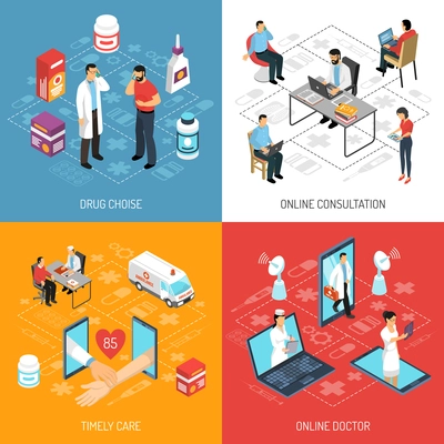 Online virtual doctor consultation quick diagnosis and medication choice concept 4 isometric icons square composition vector illustration