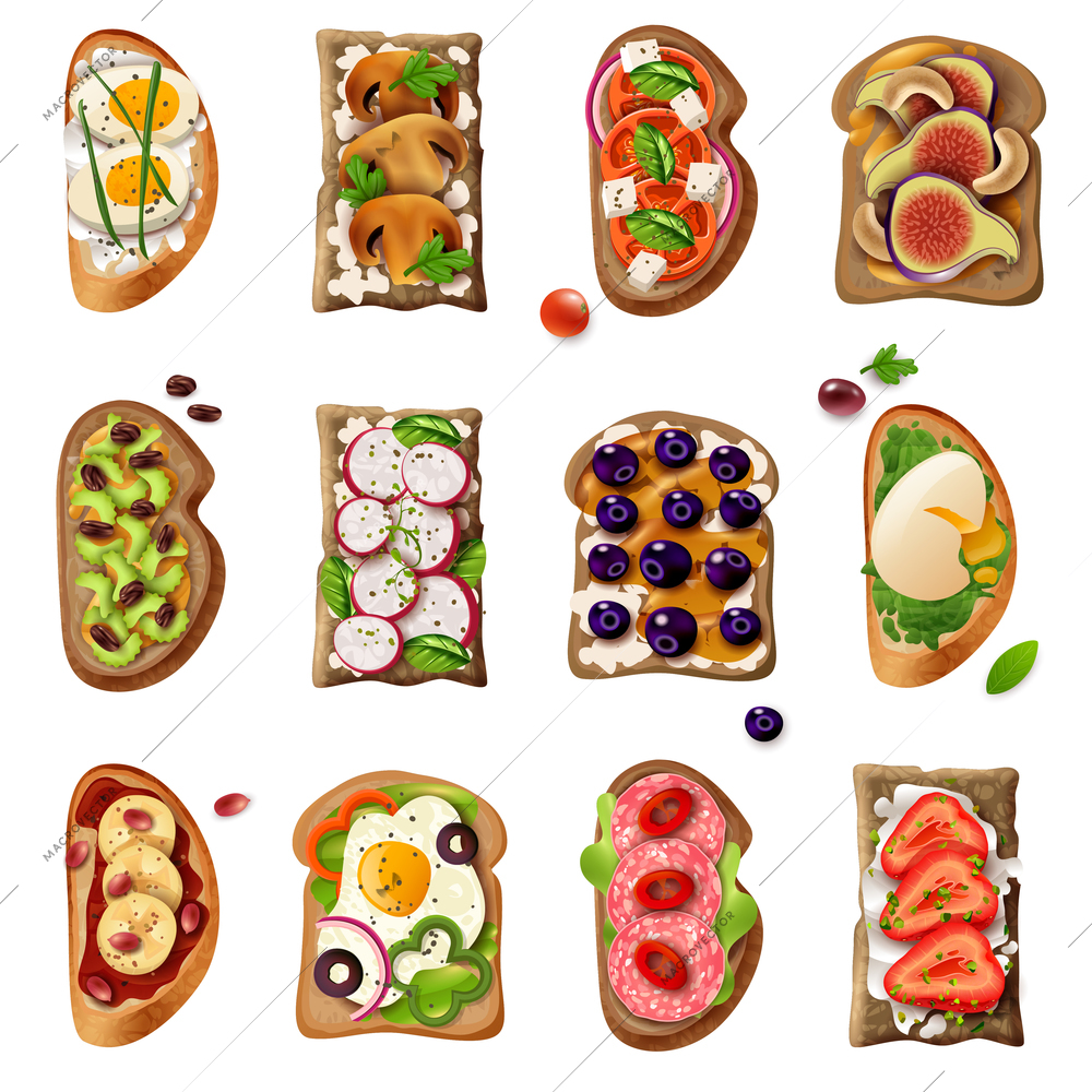 Sandwiches colorful cartoon set with egg vegetable tomato salami mushroom sweet fruit ingredients isolated vector illustration
