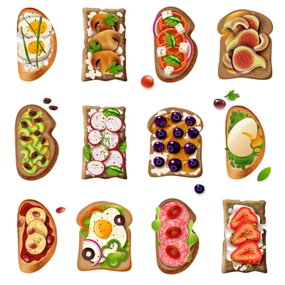 Sandwiches colorful cartoon set with egg vegetable tomato salami mushroom sweet fruit ingredients isolated vector illustration