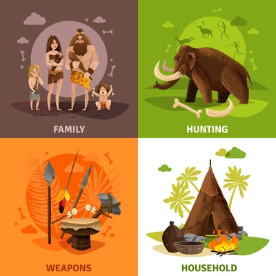 Prehistoric stone age 2x2 design concept with caveman family hunting weapons and household square icons cartoon vector illustration