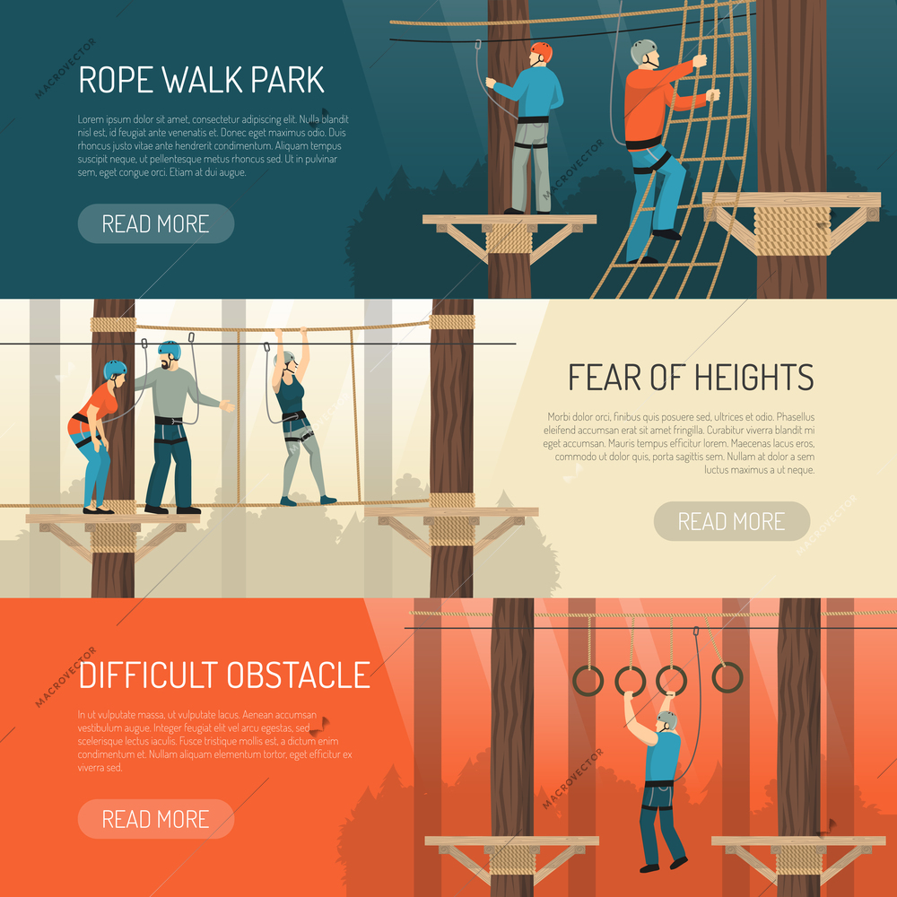 High rope walk outdoor activities for balance and coordination 3 flat horizontal banners webpage design vector illustration