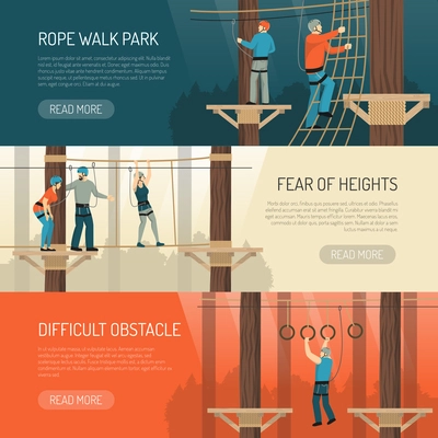 High rope walk outdoor activities for balance and coordination 3 flat horizontal banners webpage design vector illustration