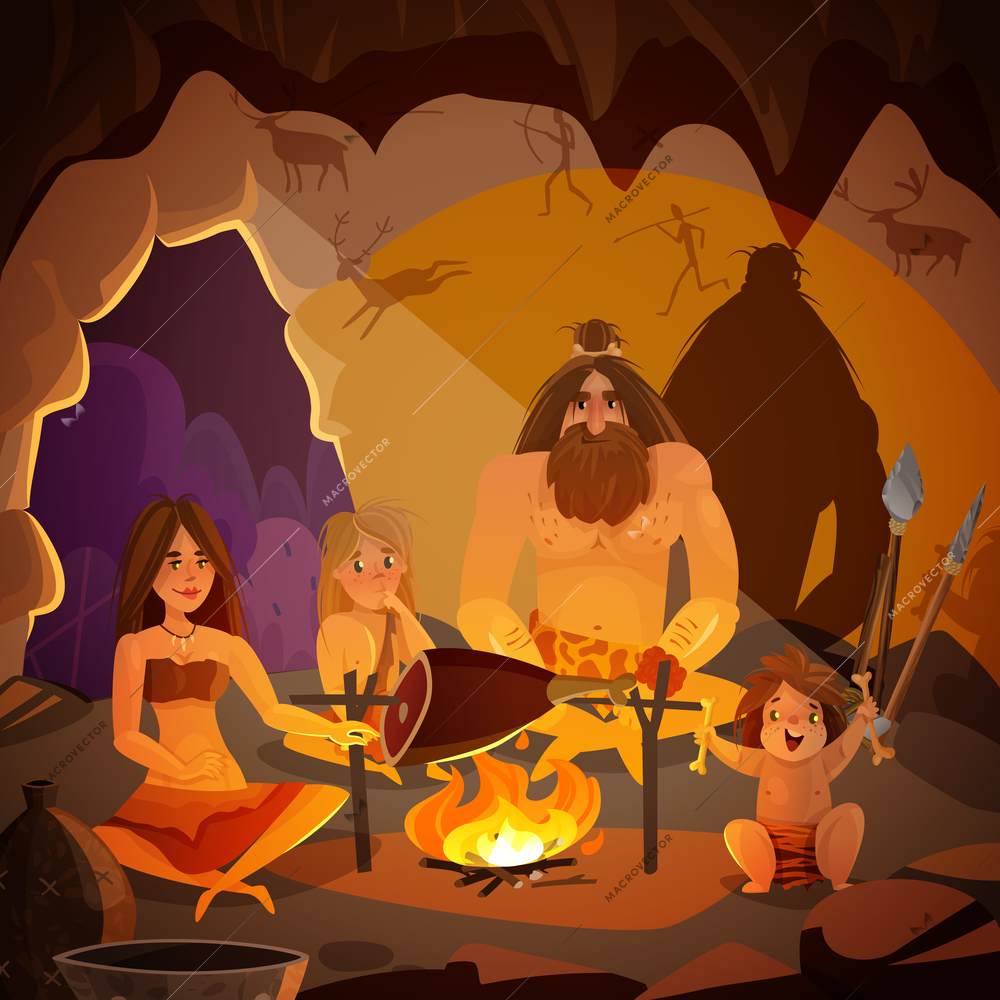 Cartoon poster with caveman family dressed in animal pelt cooking meat on campfire in cave vector illustration