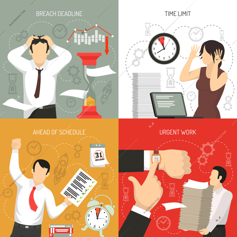 Meeting deadlines 4 flat icons concept with working ahead schedule and time limits breach isolated vector illustration