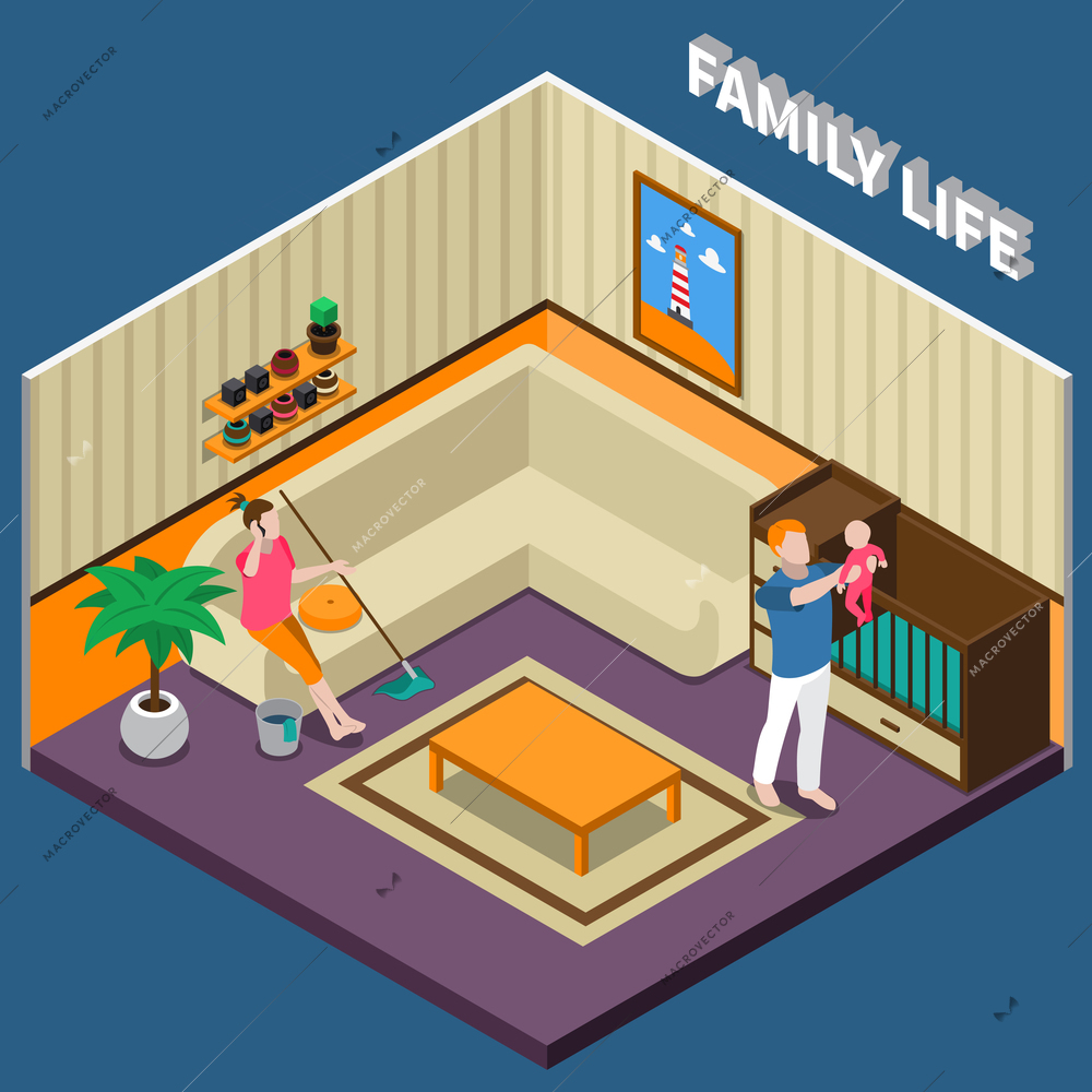 Family life isometric composition with father holding baby, mother with phone and mop on sofa vector illustration