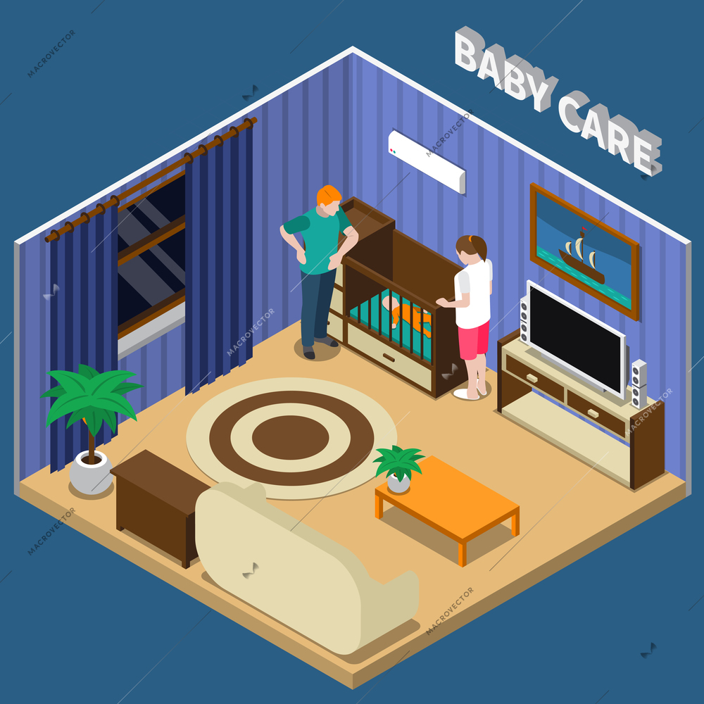 Baby care isometric composition on blue background with parents near infant on cot, interior elements vector illustration