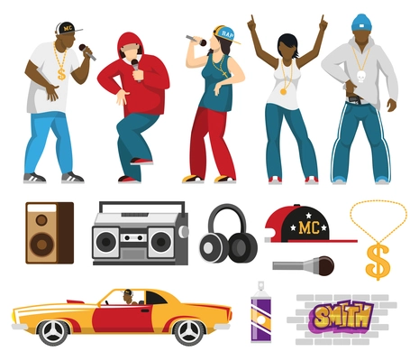 Rap music singers with accessories mc cap retro car loudspeakers microphone flat icons collection isolated vector illustration