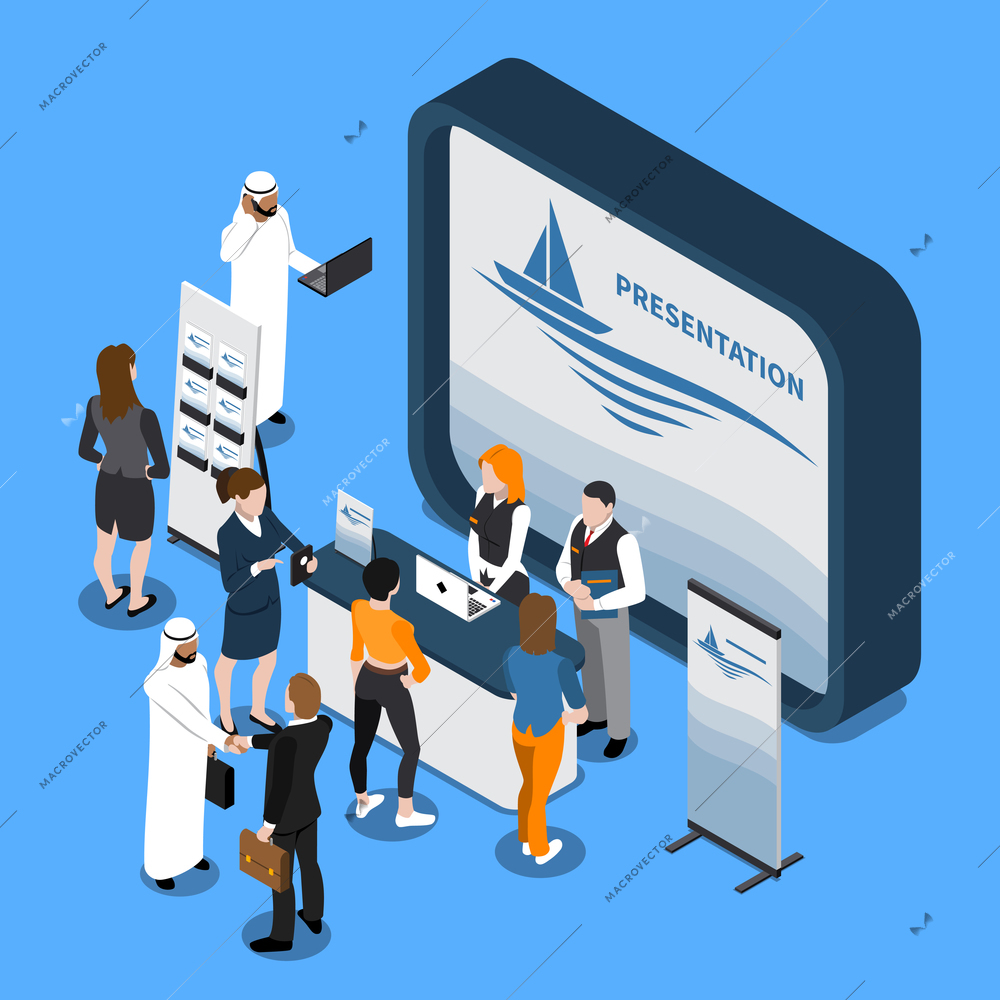 Exhibition stand with presentation on screen, business people, handout, banner isometric composition on blue background vector illustration