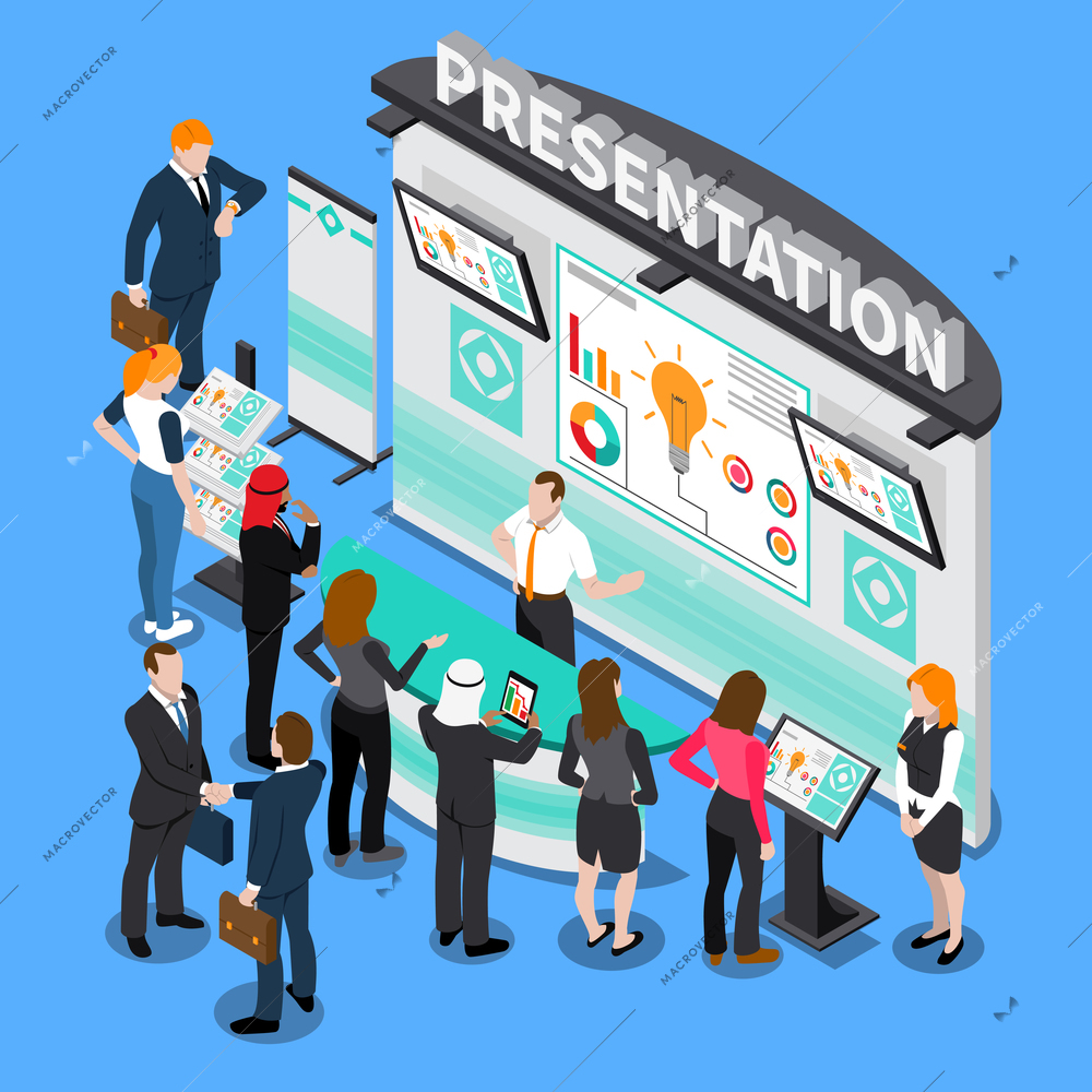 Presentation with infographic elements during exhibition, business people, computer technologies isometric composition on blue background vector illustration