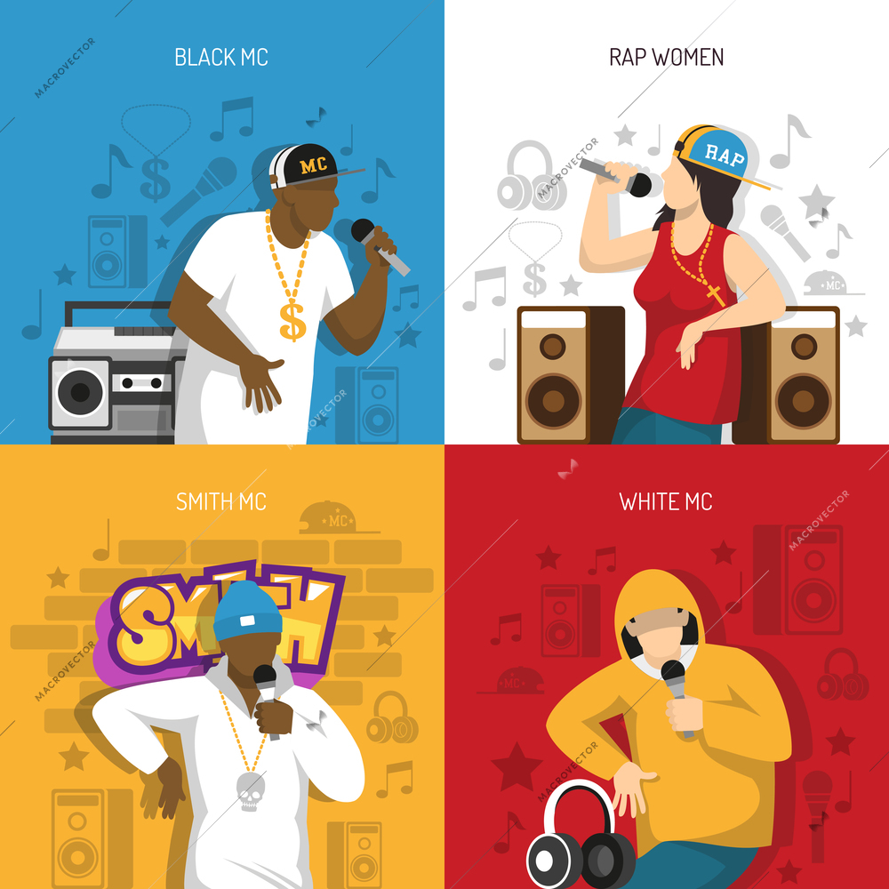 Rap music popular singers performance 4 flat colorful background icons square with black mc rapper vector illustration