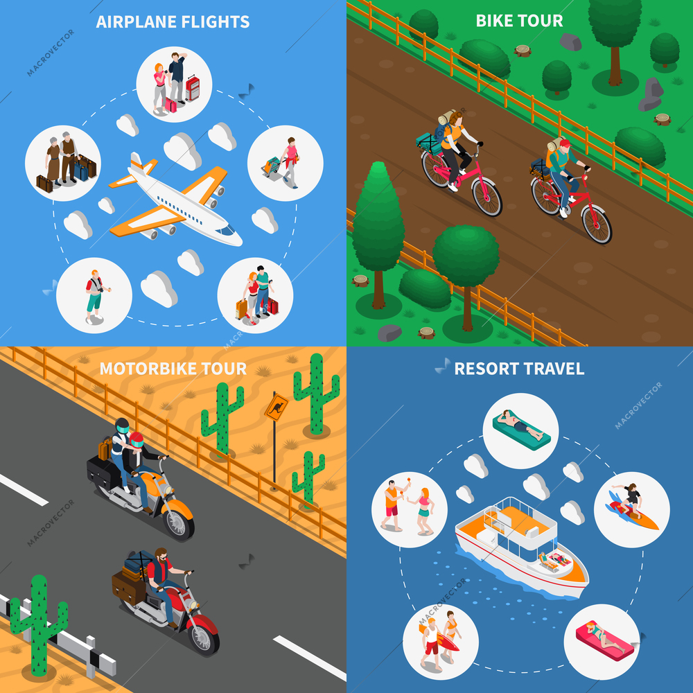 Traveling people isometric design concept with airplane flights, bicycle tour, motorbike journey, resort leisure isolated vector illustration