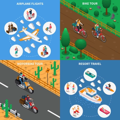 Traveling people isometric design concept with airplane flights, bicycle tour, motorbike journey, resort leisure isolated vector illustration