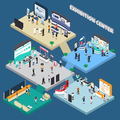 Multistory exhibition center isometric composition on blue background with exposition stands, business people, vector illustration