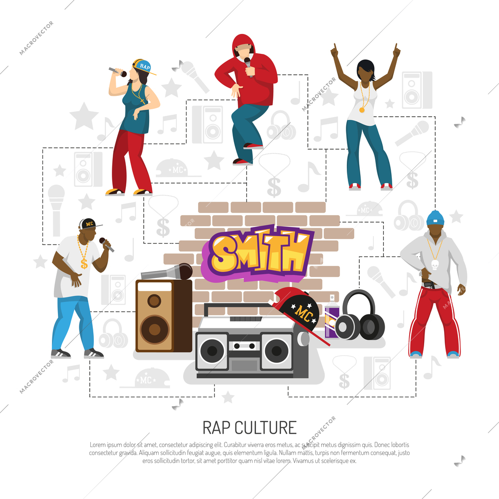 Rap music culture symbols flat background poster with singers performers retro accessories brick wall graffiti vector illustration