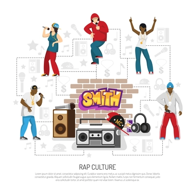 Rap music culture symbols flat background poster with singers performers retro accessories brick wall graffiti vector illustration