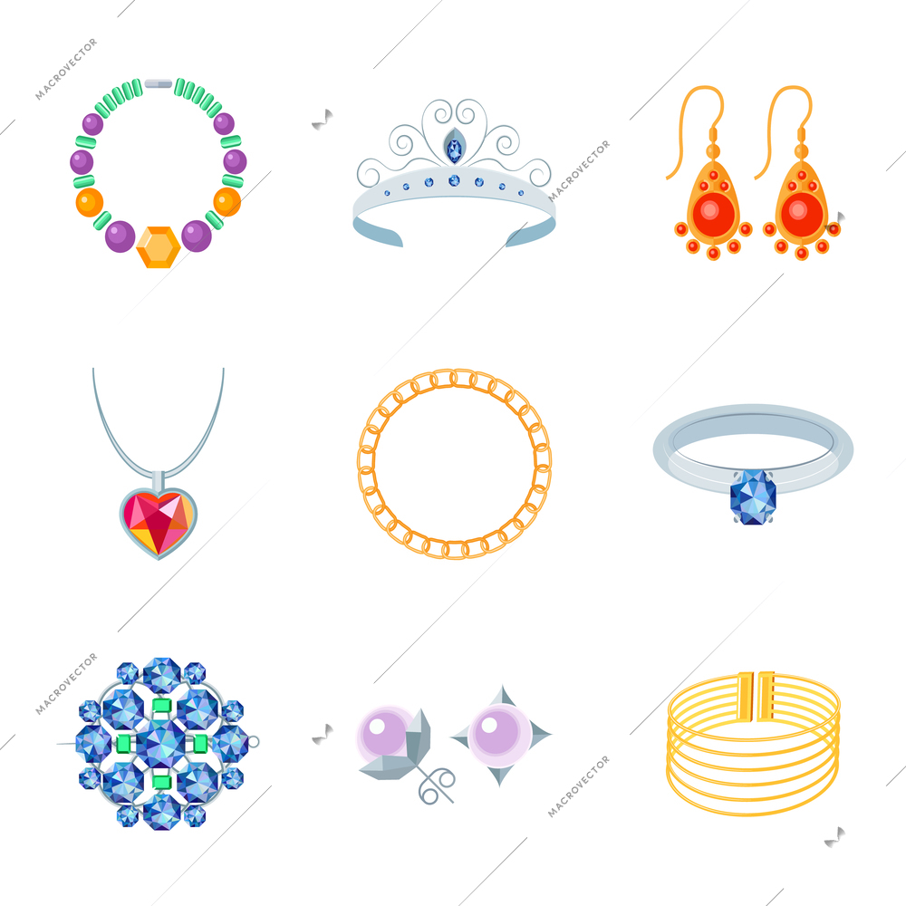 Jewelry flat icons set of necklace tiara earrings isolated vector illustration