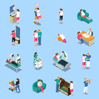 Pregnancy isometric icons isolated on blue background with medical examination, woman waiting baby, parents, newborn vector illustration