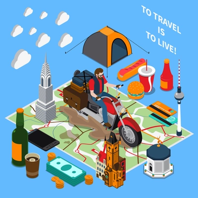 Tourist lifestyle isometric composition on blue background with motorbike trip, travel landmarks, map, food vector illustration