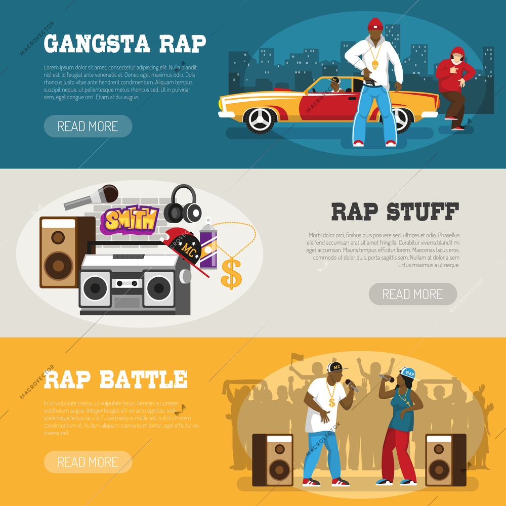 Rap music 3 flat horizontal banners webpage design with freestyle singers battle and retro accessories vector illustration