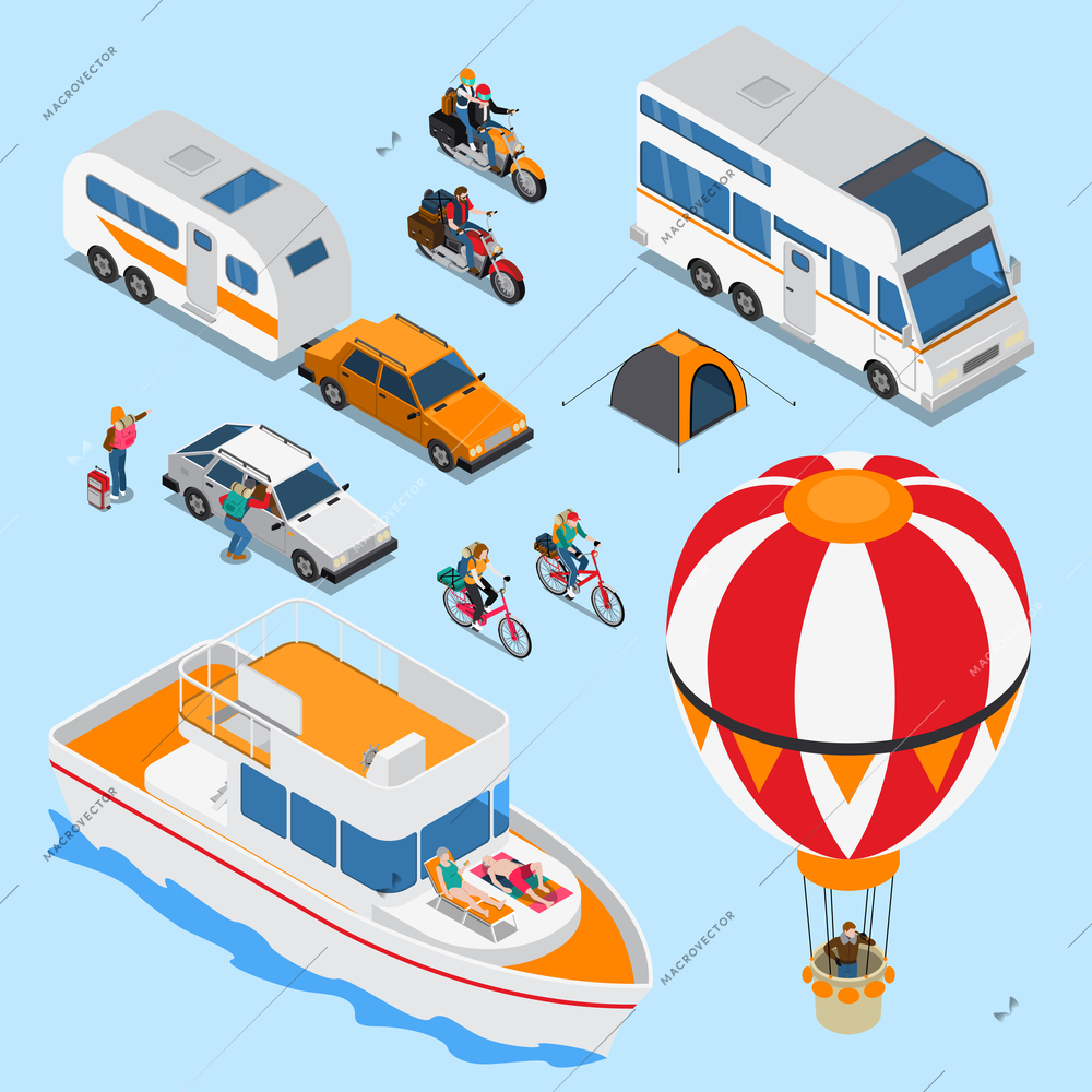 Traveling people on various vehicles including balloon, mobile home, isometric set on blue background isolated vector illustration