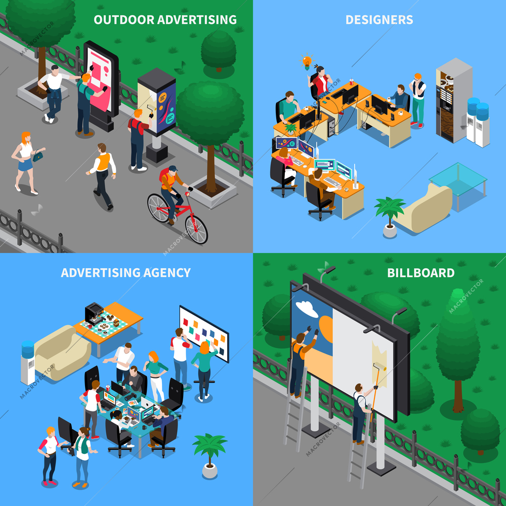 Advertising agency isometric design concept with designers at workplaces, street billboard, outdoor ad placard isolated vector illustration