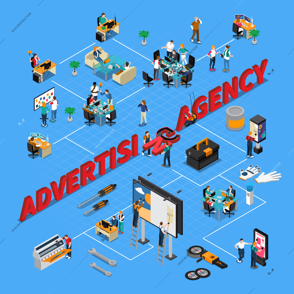 Advertising agency isometric flowchart on blue background with staff during work, print equipment, pasting billboards vector illustration