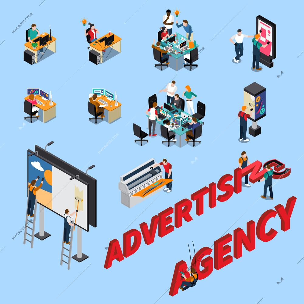 Advertising agency isometric people at workplaces, during brainstorming, pasting billboards isolated on blue background vector illustration