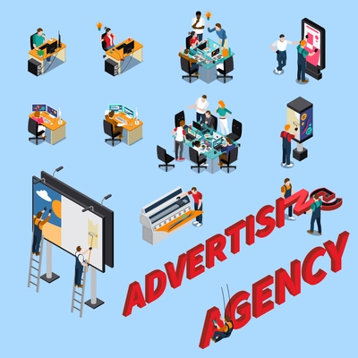 Advertising agency isometric people at workplaces, during brainstorming, pasting billboards isolated on blue background vector illustration