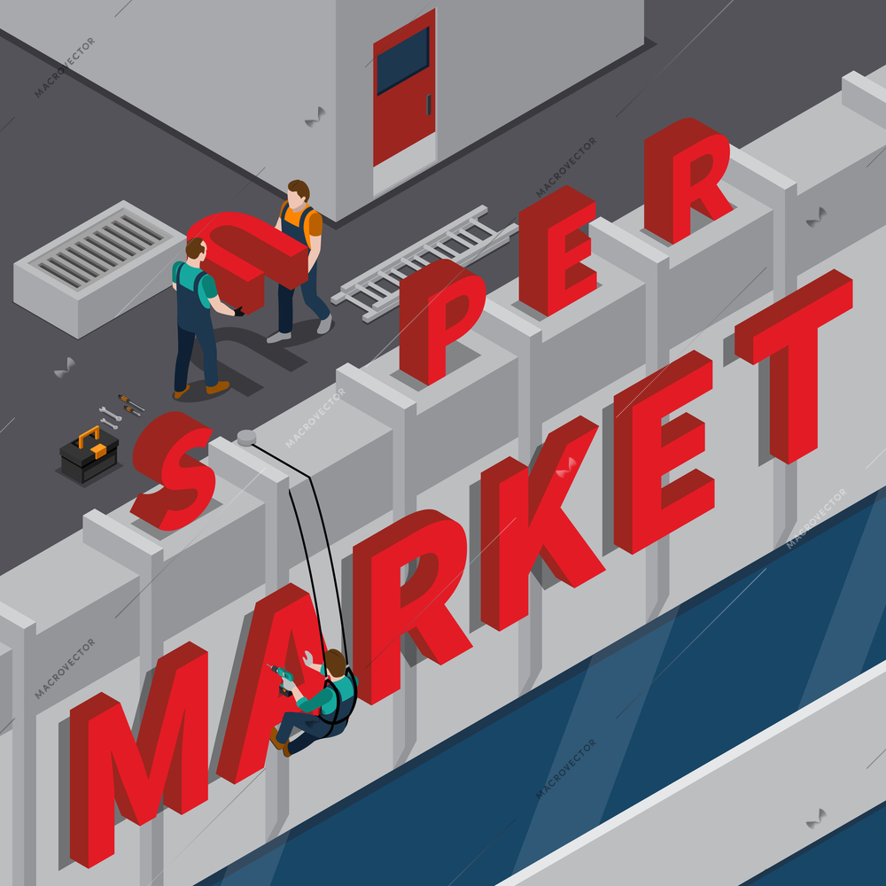 Signboard installation isometric composition with workers on supermarket roof during mounting of red inscription vector illustration