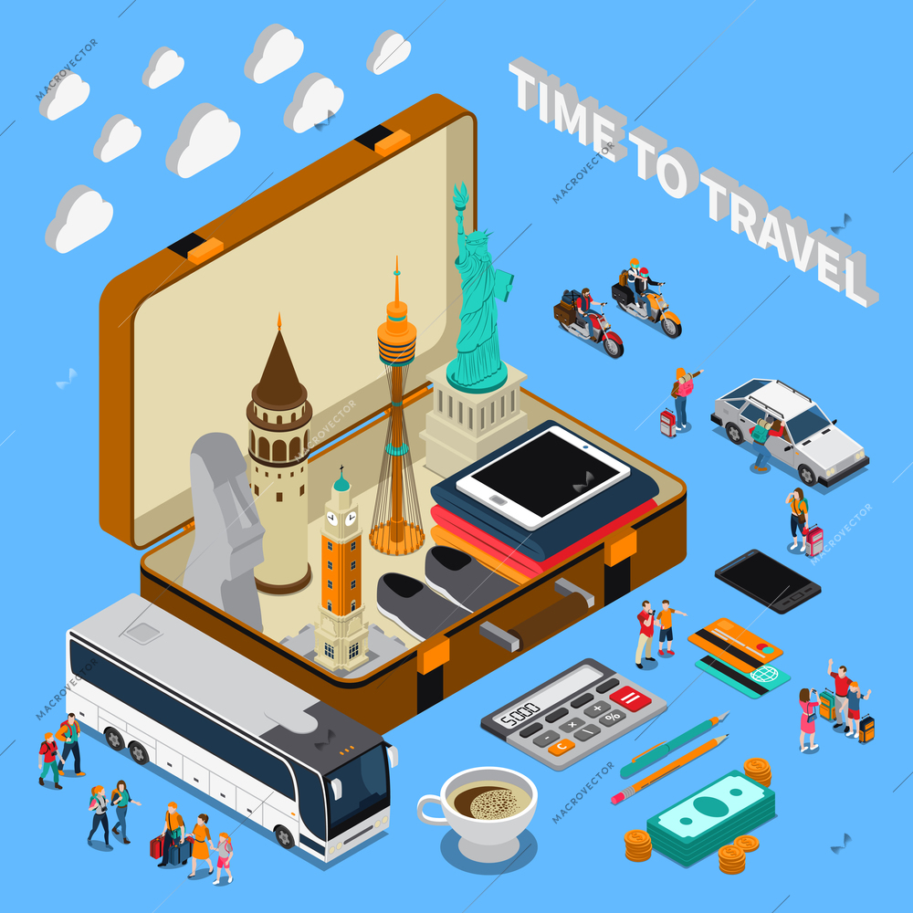 Travel isometric composition on blue background with landmarks in suitcase, tourists, money, mobile devices, vehicles vector illustration