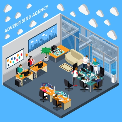 Advertising agency isometric composition on blue background with creative team, designers at office vector illustration