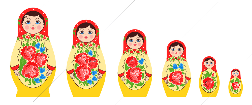 Matryoshka semyonovskaya family set of nesting dolls flat isolated images of different size with identical colouring vector illustration