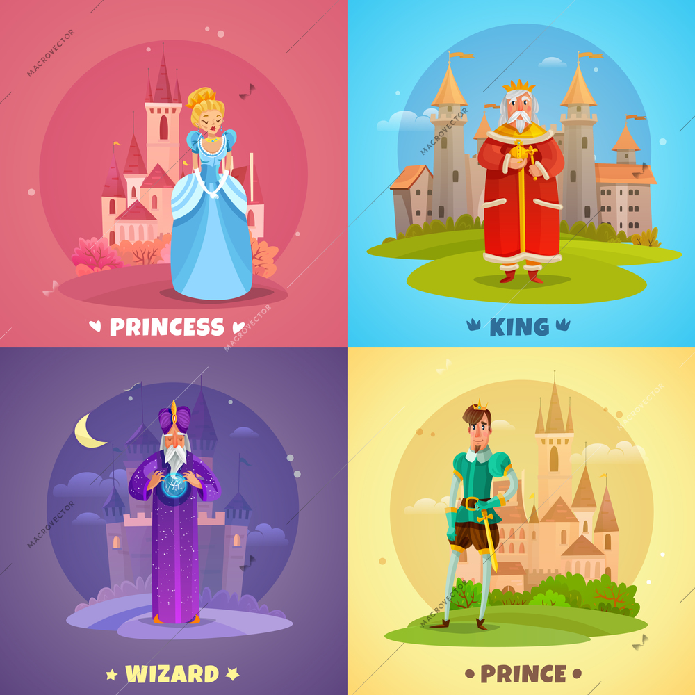 Fairytale heroes 2x2 design concept set of princess king prince wizard cartoon characters vector illustration