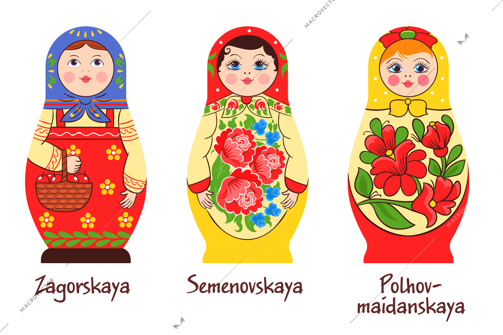 Russian traditional matryoshka set of three isolated images with different stacked dolls with different colouring artworks vector illustration