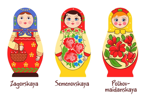 Russian traditional matryoshka set of three isolated images with different stacked dolls with different colouring artworks vector illustration