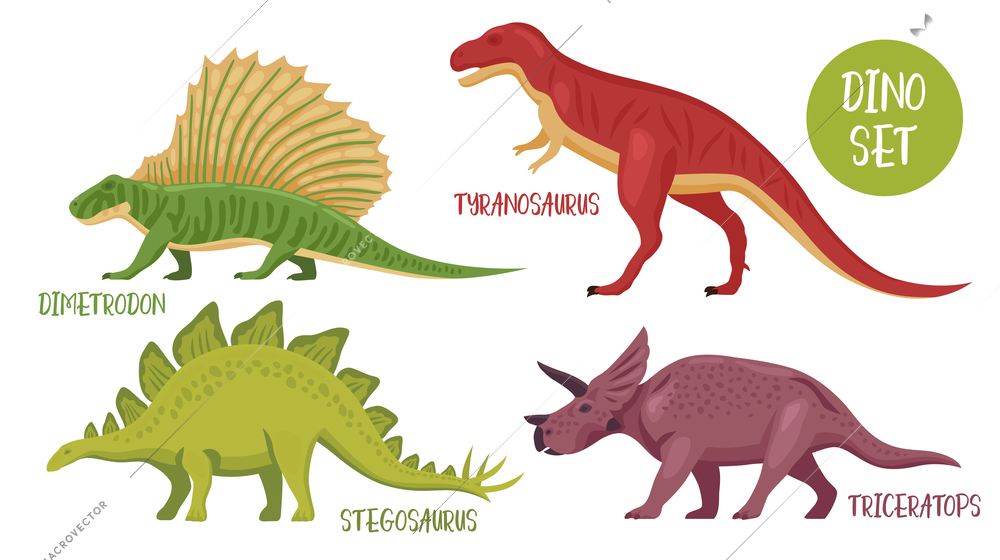 Dino set of isolated colourful dinosaur images with various species from different historical periods with captions vector illustration