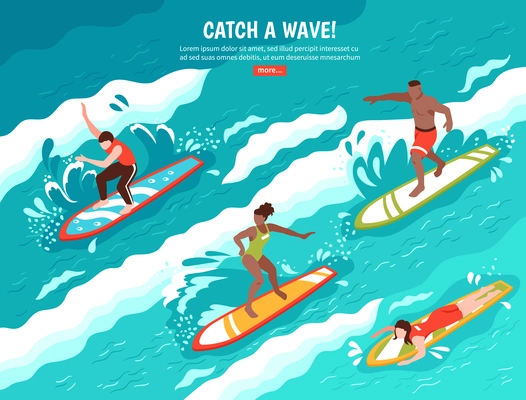 Surf flat composition with group of human characters surfing water wave on surfboards with read more button vector illustration