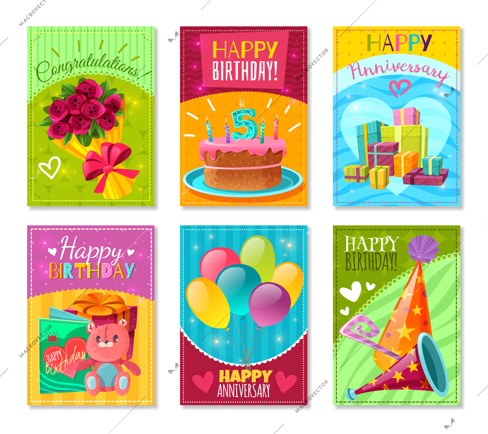 Set of celebration birthday greeting cards with congratulations and wishing happy anniversary isolated vector illustration