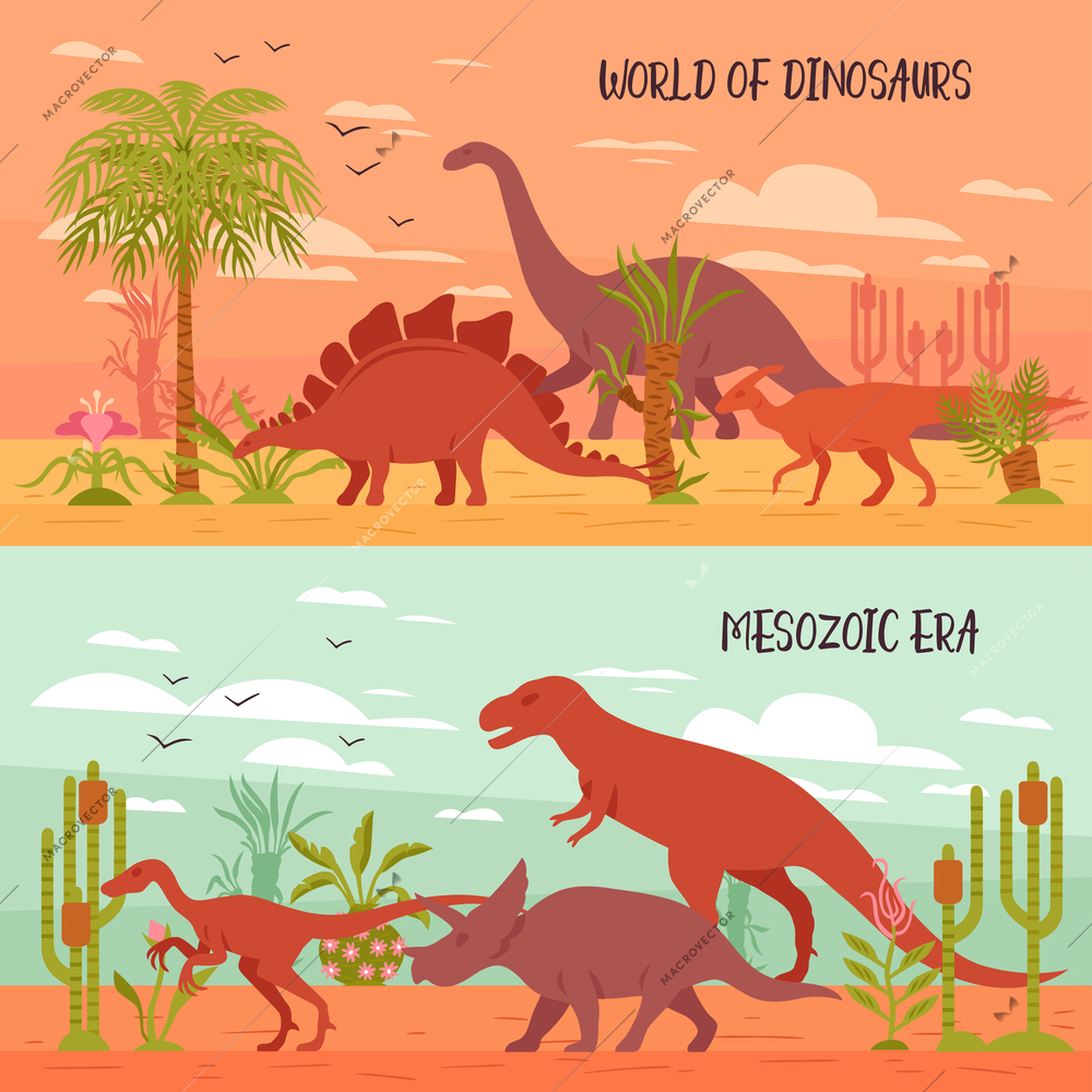 Two horizontal dino banners collection with images of prehistoric landscape with plants and dinosaur flat characters vector illustration
