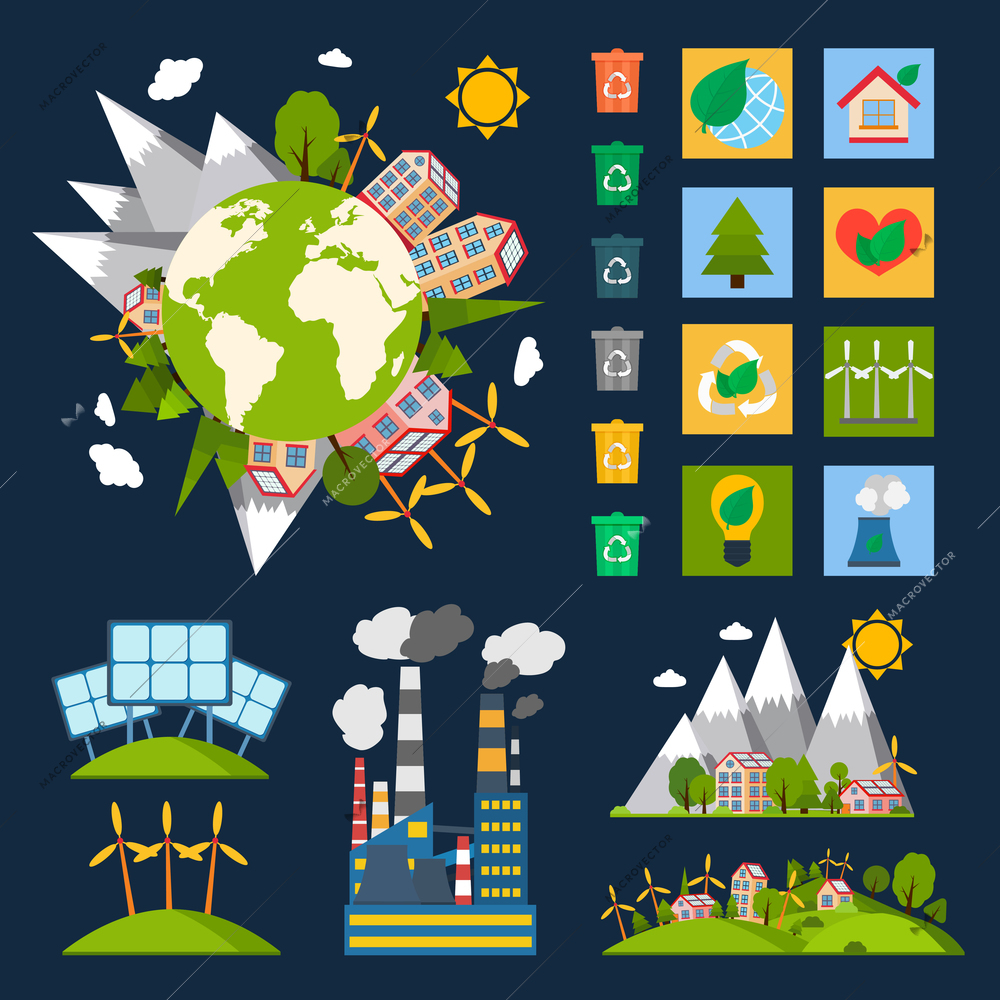 Green eco world ecology symbols set with globe recycling energy and nature icons vector illustration