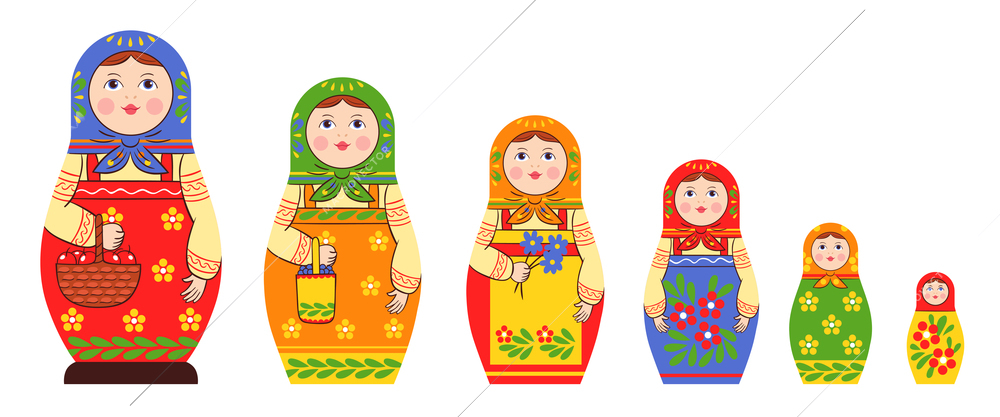 Matryoshka zagorje family set of flat isolated stacking russian doll images of different size and colour pattern vector illustration