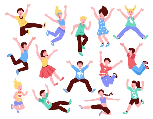 Jumping children set of flat isolated icons with human characters of teenage kids in various poses vector illustration