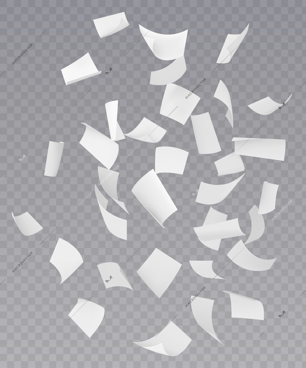 Chaotic falling flying empty white paper sheets with curved corners on transparent background realistic vector illustration